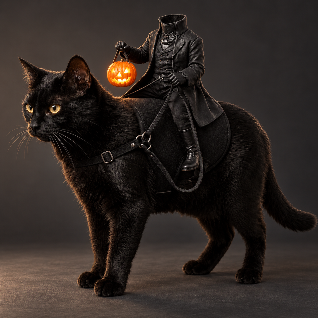 Phantom Rider costume on a black cat — studio presentation